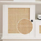 Rattan TV Stand, Modern Entertainment Center for 65/70 in TV, White Media Center with 2 Drawers and 2 Cabinets with Adjustable Shelf, for Living Room
