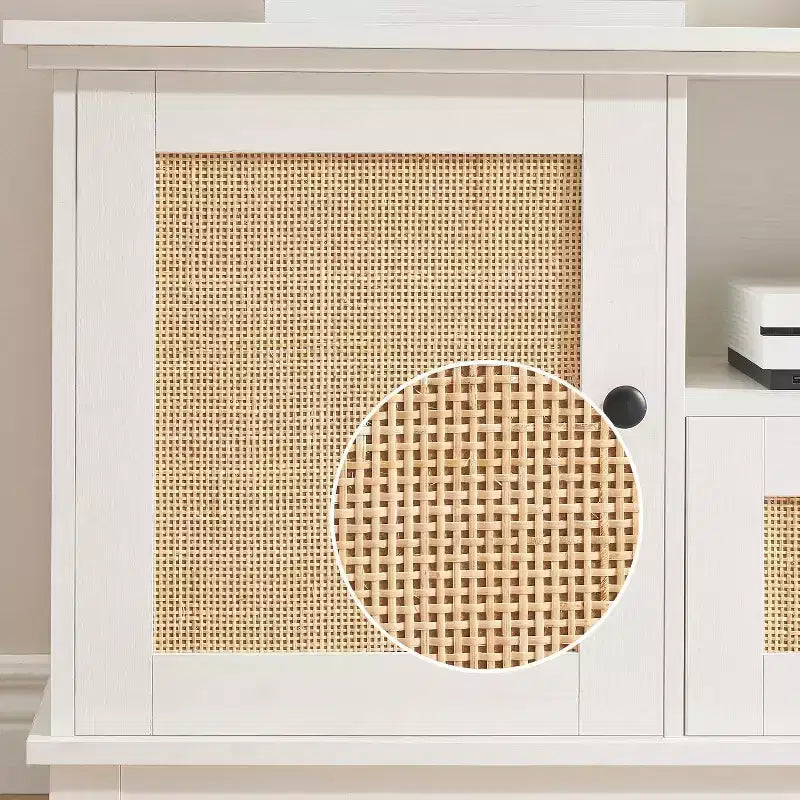 Rattan TV Stand, Modern Entertainment Center for 65/70 in TV, White Media Center with 2 Drawers and 2 Cabinets with Adjustable Shelf, for Living Room