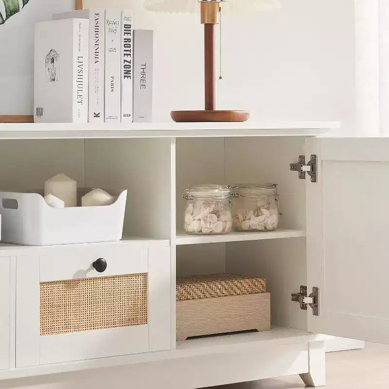 Rattan TV Stand, Modern Entertainment Center for 65/70 in TV, White Media Center with 2 Drawers and 2 Cabinets with Adjustable Shelf, for Living Room