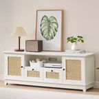 Rattan TV Stand, Modern Entertainment Center for 65/70 in TV, White Media Center with 2 Drawers and 2 Cabinets with Adjustable Shelf, for Living Room