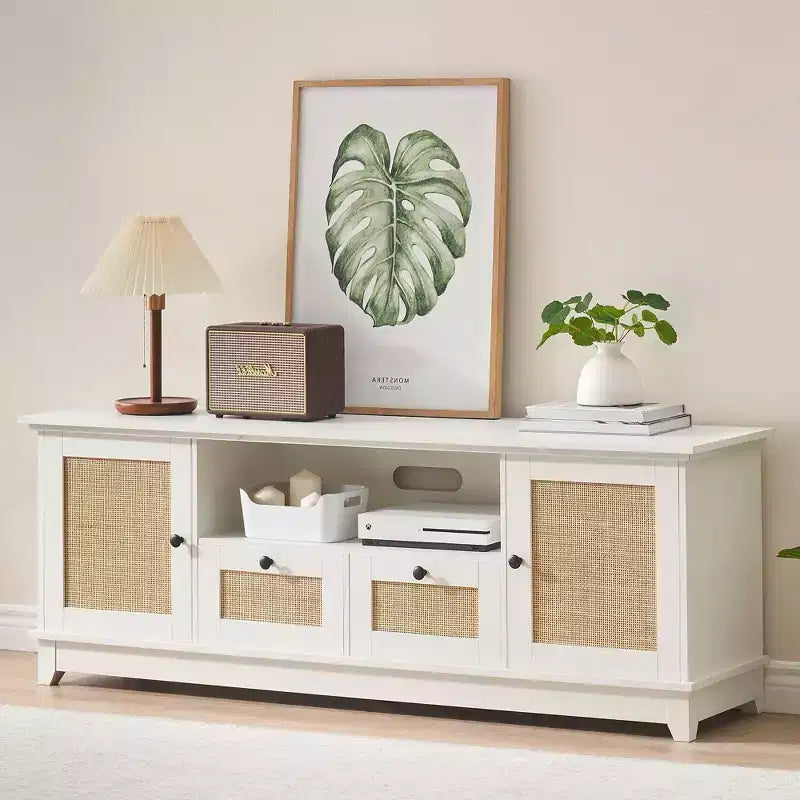 Rattan TV Stand, Modern Entertainment Center for 65/70 in TV, White Media Center with 2 Drawers and 2 Cabinets with Adjustable Shelf, for Living Room