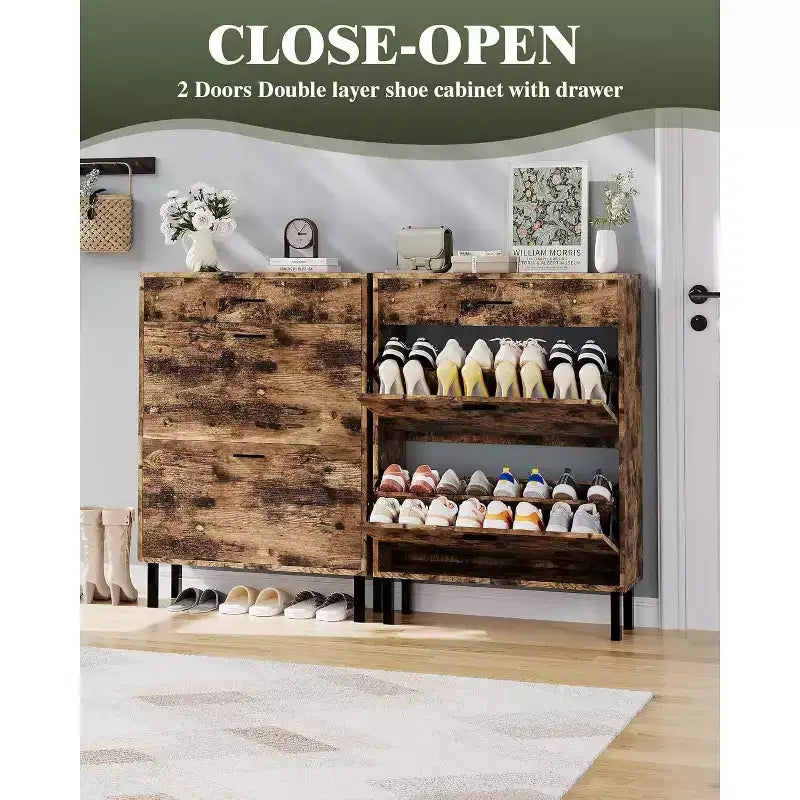 Space-Saving Narrow Shoe Cabinet for Entryway  Dual Turn Drawers Freestanding Shoe Organizer  3-Tier Adjustable Shelves  Mudroom Storage