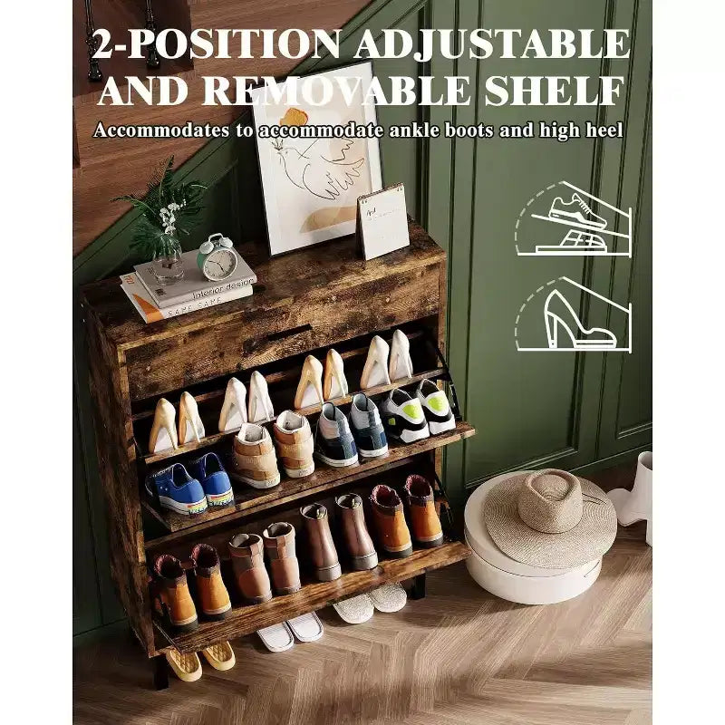 Space-Saving Narrow Shoe Cabinet for Entryway  Dual Turn Drawers Freestanding Shoe Organizer  3-Tier Adjustable Shelves  Mudroom Storage