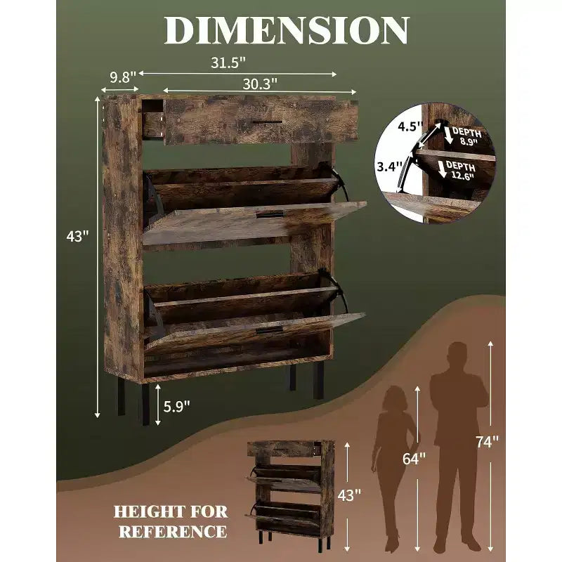 Space-Saving Narrow Shoe Cabinet for Entryway  Dual Turn Drawers Freestanding Shoe Organizer  3-Tier Adjustable Shelves  Mudroom Storage