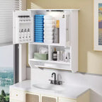 Bathroom Wall Cabinet with Sensor Light, Wall Mounted Medicine Cabinet with Storage Shelves and Towel Bar for Bathroom or Laundry Room, White