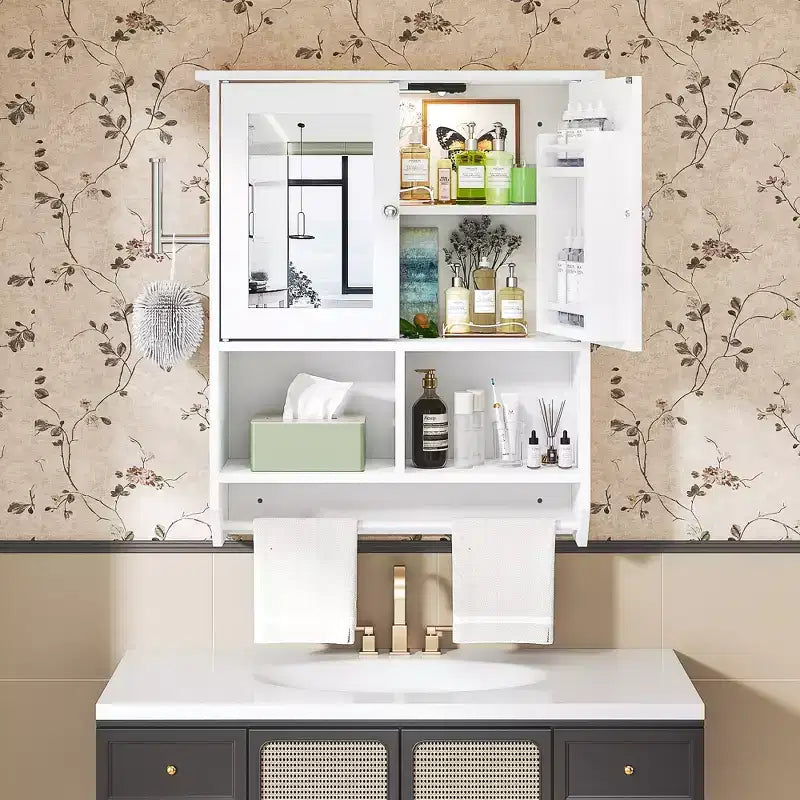 Bathroom Wall Cabinet with Sensor Light, Wall Mounted Medicine Cabinet with Storage Shelves and Towel Bar for Bathroom or Laundry Room, White