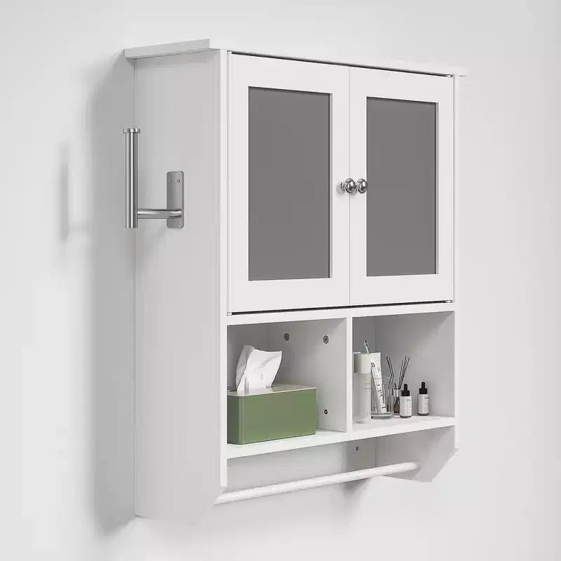 Bathroom Wall Cabinet with Sensor Light, Wall Mounted Medicine Cabinet with Storage Shelves and Towel Bar for Bathroom or Laundry Room, White