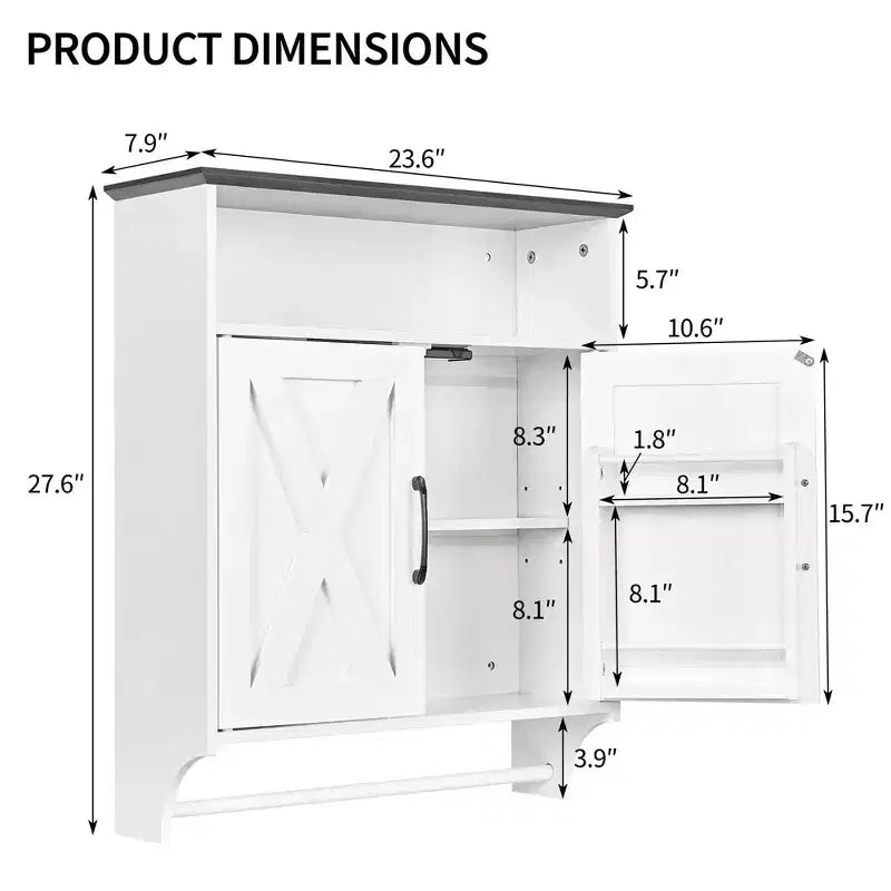 Bathroom Wall Cabinet with Sensor Light, Wall Mounted Medicine Cabinet with Storage Shelves and Towel Bar for Bathroom or Laundry Room, White