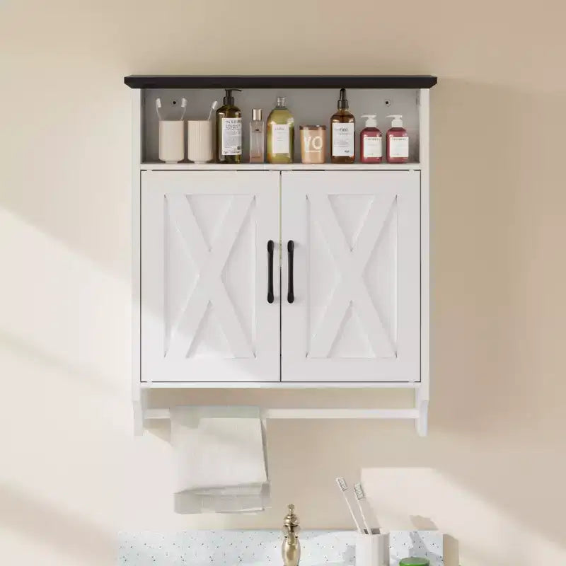 Bathroom Wall Cabinet with Sensor Light, Wall Mounted Medicine Cabinet with Storage Shelves and Towel Bar for Bathroom or Laundry Room, White