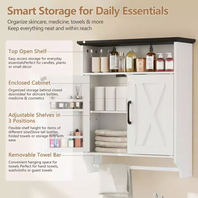 Bathroom Wall Cabinet with Sensor Light, Wall Mounted Medicine Cabinet with Storage Shelves and Towel Bar for Bathroom or Laundry Room, White
