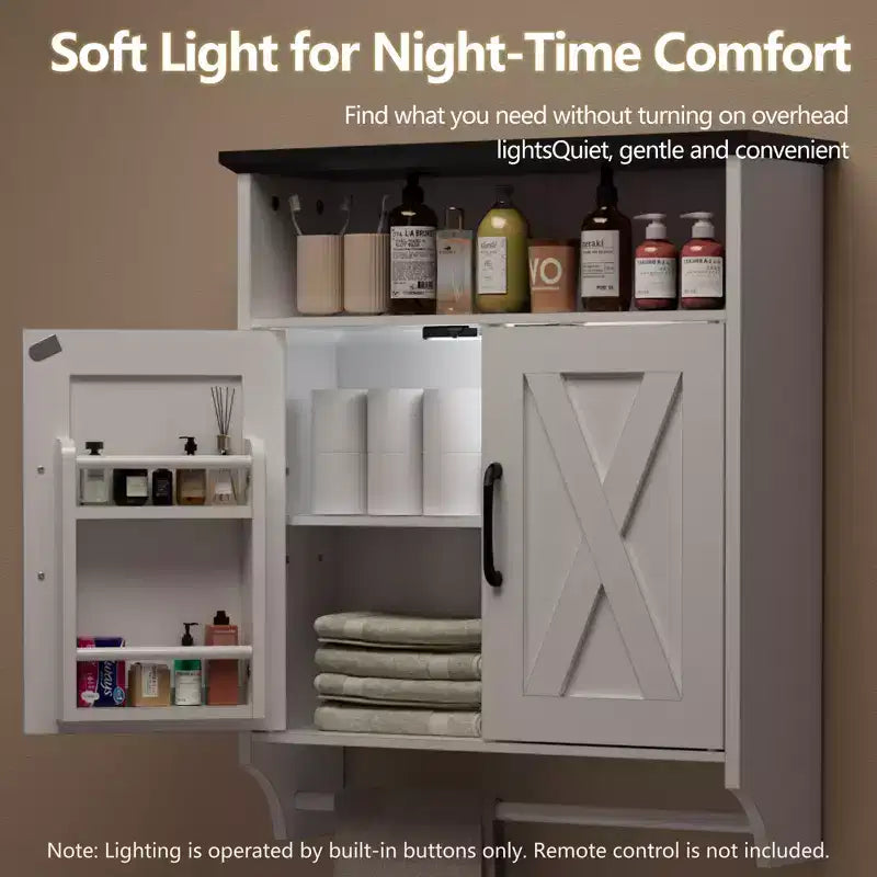 Bathroom Wall Cabinet with Sensor Light, Wall Mounted Medicine Cabinet with Storage Shelves and Towel Bar for Bathroom or Laundry Room, White