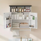 Bathroom Wall Cabinet with Sensor Light, Wall Mounted Medicine Cabinet with Storage Shelves and Towel Bar for Bathroom or Laundry Room, White