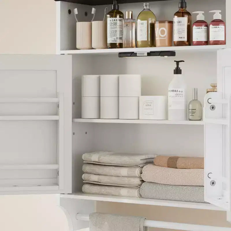 Bathroom Wall Cabinet with Sensor Light, Wall Mounted Medicine Cabinet with Storage Shelves and Towel Bar for Bathroom or Laundry Room, White