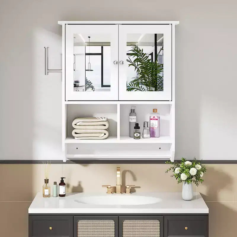 Bathroom Wall Cabinet with Sensor Light, Wall Mounted Medicine Cabinet with Storage Shelves and Towel Bar for Bathroom or Laundry Room, White