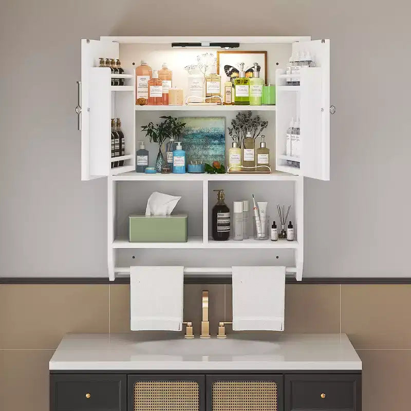 Bathroom Wall Cabinet with Sensor Light, Wall Mounted Medicine Cabinet with Storage Shelves and Towel Bar for Bathroom or Laundry Room, White