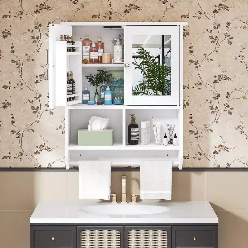 Bathroom Wall Cabinet with Sensor Light, Wall Mounted Medicine Cabinet with Storage Shelves and Towel Bar for Bathroom or Laundry Room, White