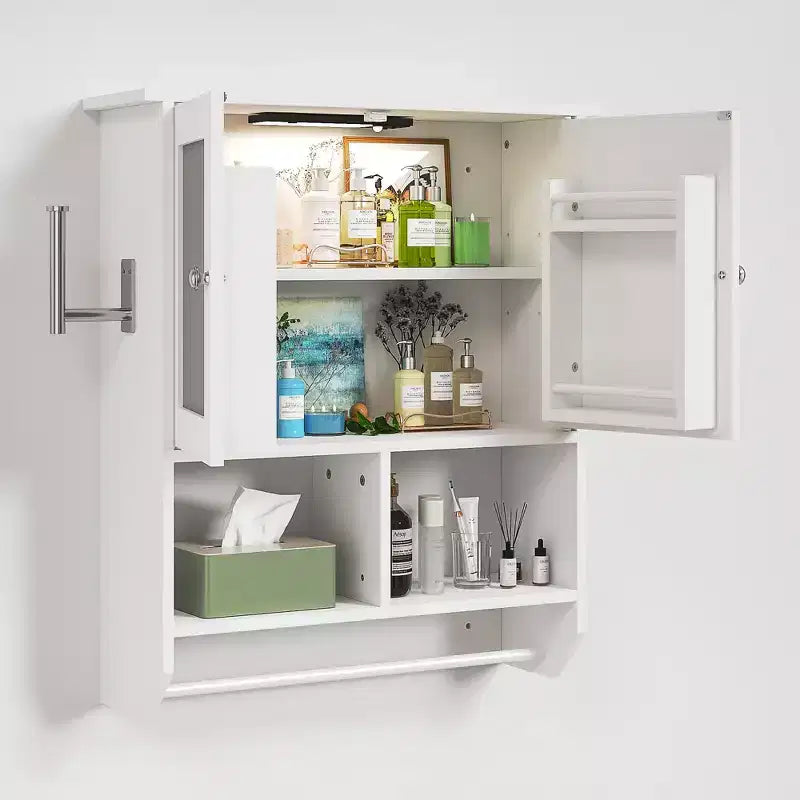 Bathroom Wall Cabinet with Sensor Light, Wall Mounted Medicine Cabinet with Storage Shelves and Towel Bar for Bathroom or Laundry Room, White