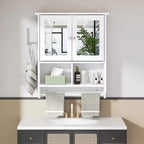 Bathroom Wall Cabinet with Sensor Light, Wall Mounted Medicine Cabinet with Storage Shelves and Towel Bar for Bathroom or Laundry Room, White