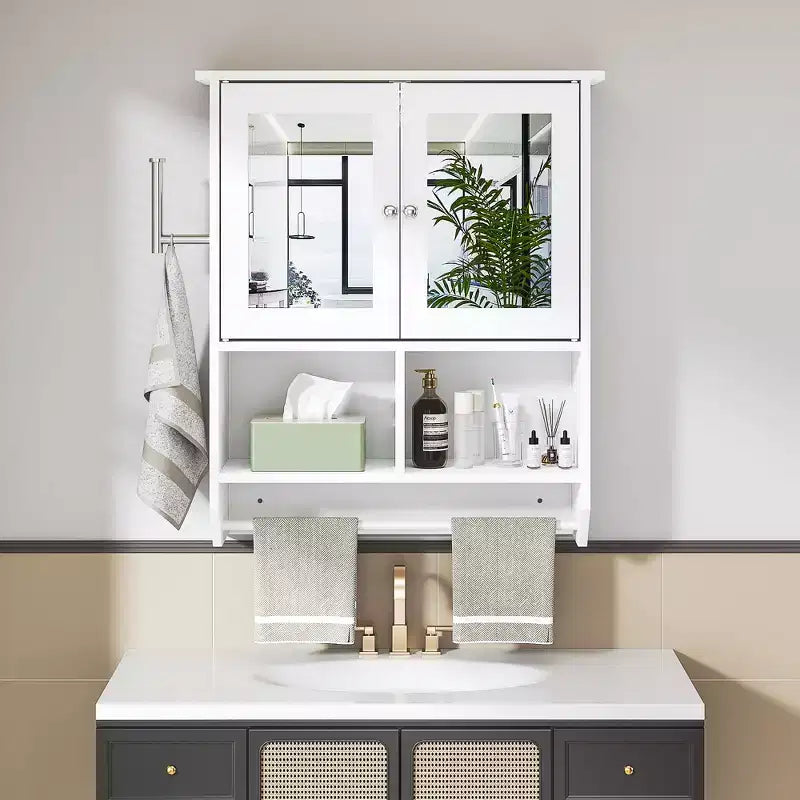 Bathroom Wall Cabinet with Sensor Light, Wall Mounted Medicine Cabinet with Storage Shelves and Towel Bar for Bathroom or Laundry Room, White