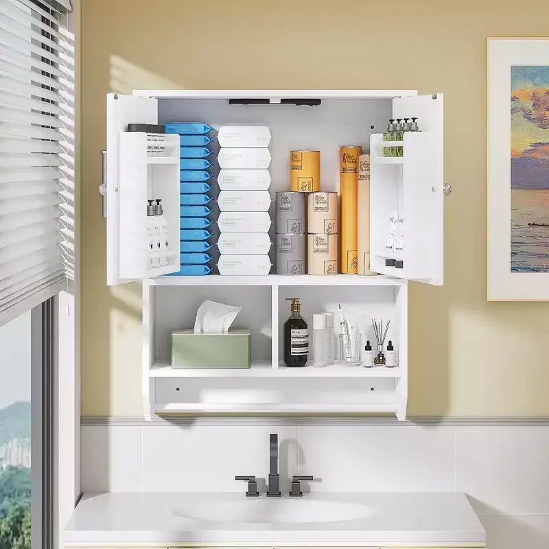 Bathroom Wall Cabinet with Sensor Light, Wall Mounted Medicine Cabinet with Storage Shelves and Towel Bar for Bathroom or Laundry Room, White