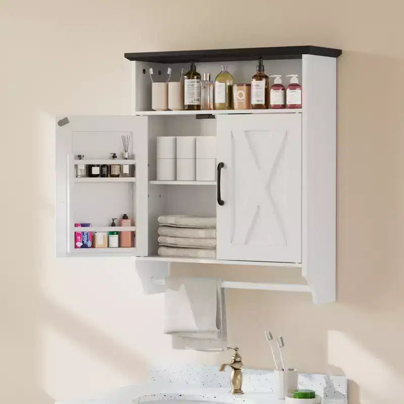Bathroom Wall Cabinet with Sensor Light, Wall Mounted Medicine Cabinet with Storage Shelves and Towel Bar for Bathroom or Laundry Room, White