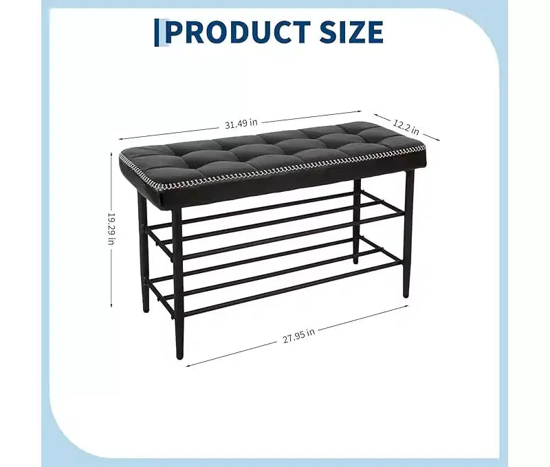 Shoe Rack Bench, Mid-Century Modern Storage Bench for Entryway, Crafted in Waxy Leather with Stitching Detail, 300 Lb Load Capacity, Waxy Black Finish