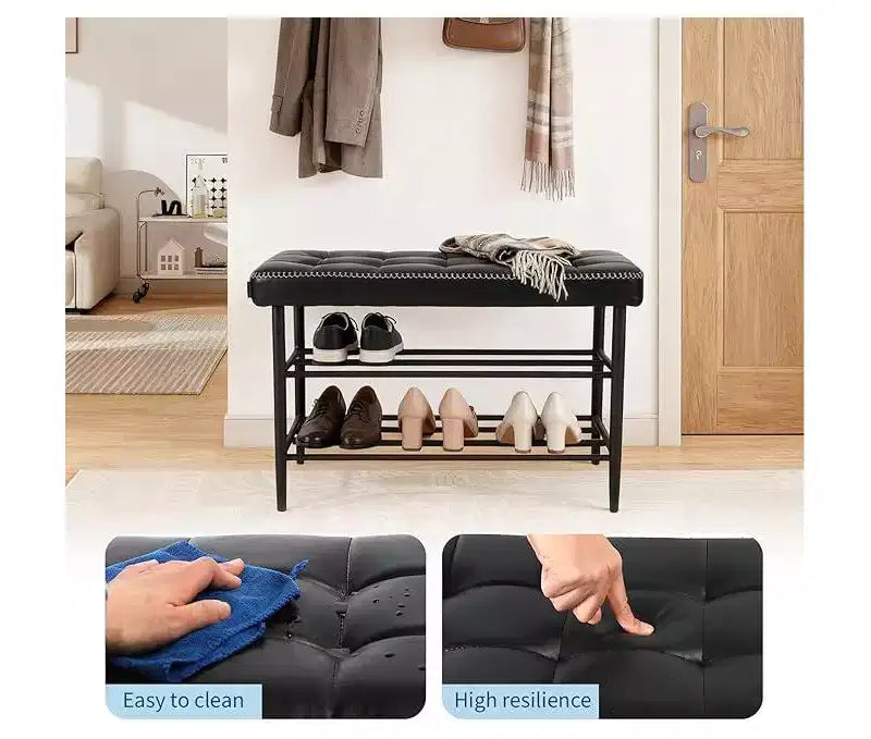 Shoe Rack Bench, Mid-Century Modern Storage Bench for Entryway, Crafted in Waxy Leather with Stitching Detail, 300 Lb Load Capacity, Waxy Black Finish