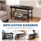 Shoe Rack Bench, Mid-Century Modern Storage Bench for Entryway, Crafted in Waxy Leather with Stitching Detail, 300 Lb Load Capacity, Waxy Black Finish