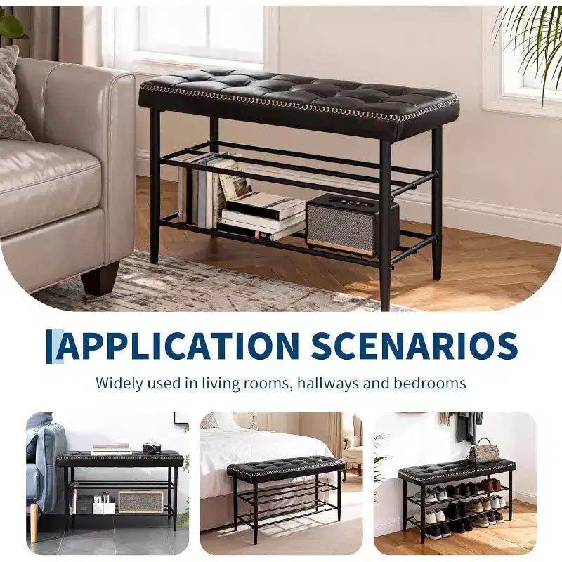 Shoe Rack Bench, Mid-Century Modern Storage Bench for Entryway, Crafted in Waxy Leather with Stitching Detail, 300 Lb Load Capacity, Waxy Black Finish