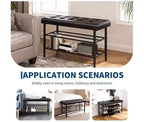 Shoe Rack Bench, Mid-Century Modern Storage Bench for Entryway, Crafted in Waxy Leather with Stitching Detail, 300 Lb Load Capacity, Waxy Black Finish