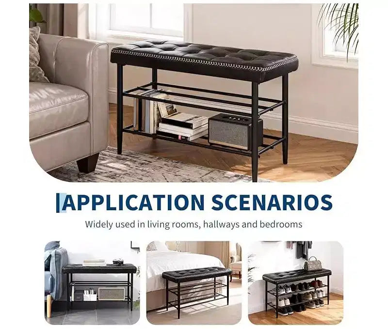 Shoe Rack Bench, Mid-Century Modern Storage Bench for Entryway, Crafted in Waxy Leather with Stitching Detail, 300 Lb Load Capacity, Waxy Black Finish