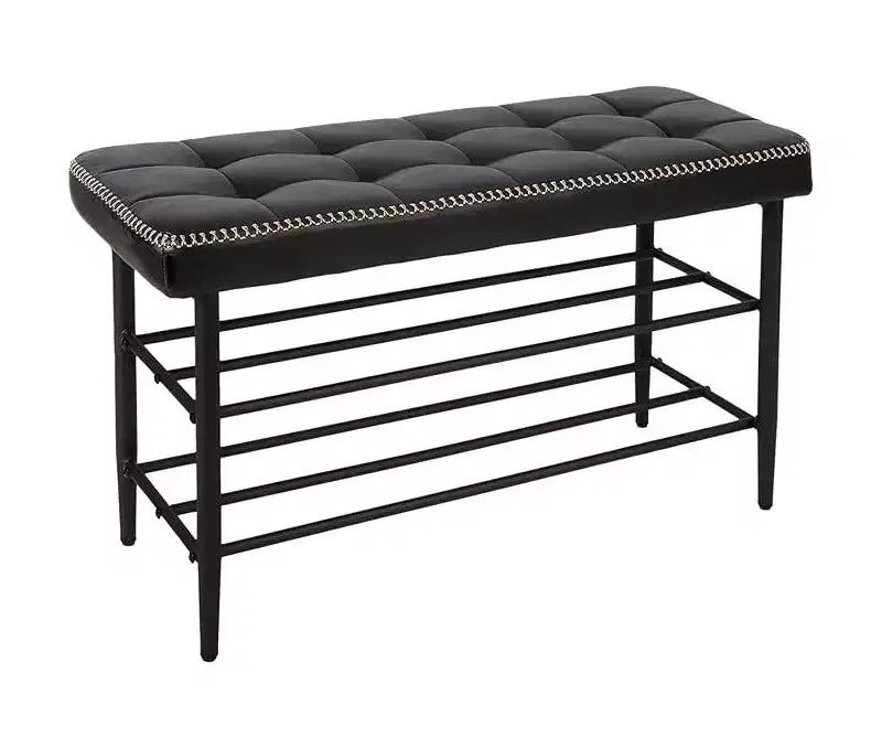 Shoe Rack Bench, Mid-Century Modern Storage Bench for Entryway, Crafted in Waxy Leather with Stitching Detail, 300 Lb Load Capacity, Waxy Black Finish