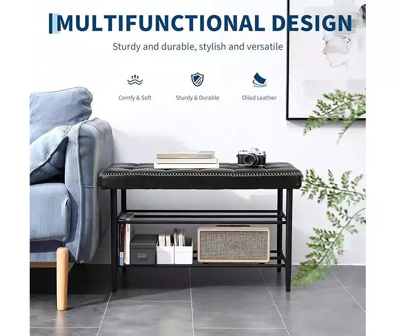 Shoe Rack Bench, Mid-Century Modern Storage Bench for Entryway, Crafted in Waxy Leather with Stitching Detail, 300 Lb Load Capacity, Waxy Black Finish