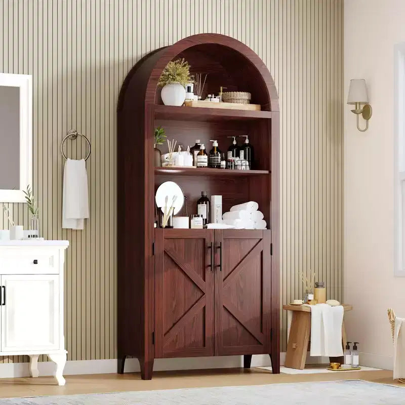 Arched Bookcase with Doors - 5-Tier Open Display Shelf, Modern Bookshelf Storage Cabinet for Home Office Living Room Library