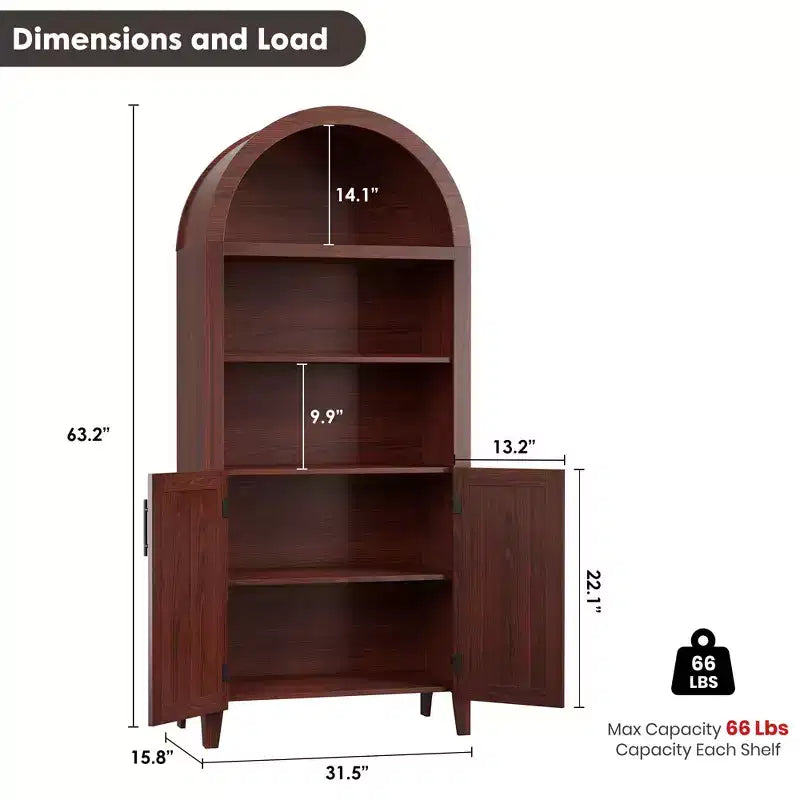 Arched Bookcase with Doors - 5-Tier Open Display Shelf, Modern Bookshelf Storage Cabinet for Home Office Living Room Library
