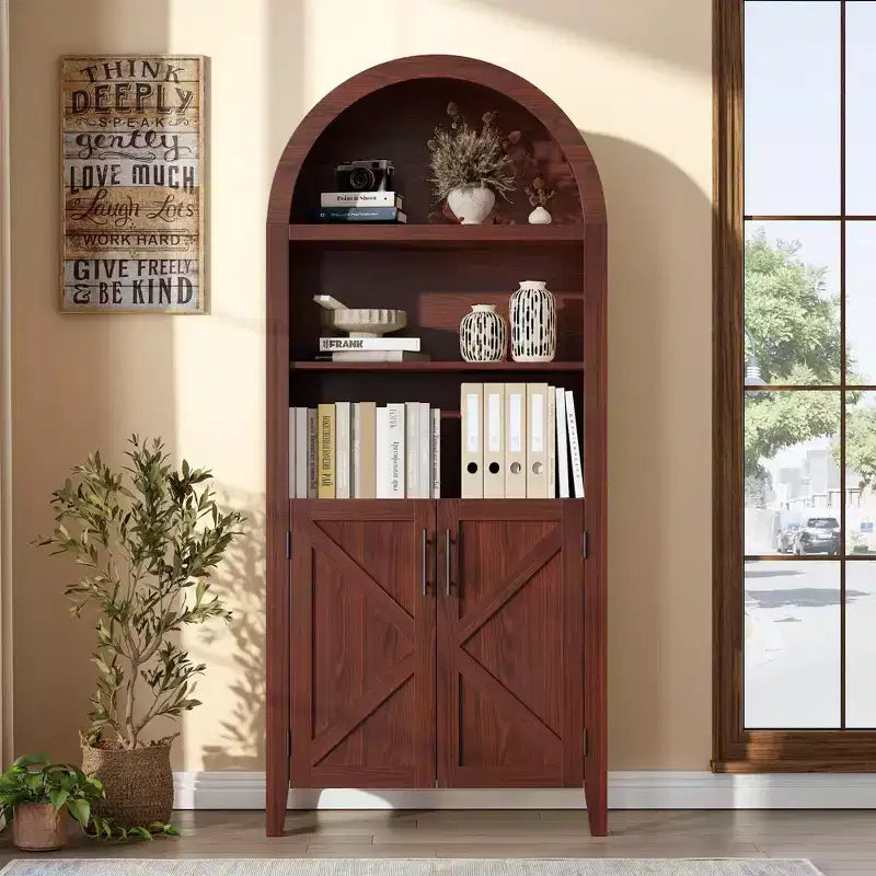 Arched Bookcase with Doors - 5-Tier Open Display Shelf, Modern Bookshelf Storage Cabinet for Home Office Living Room Library