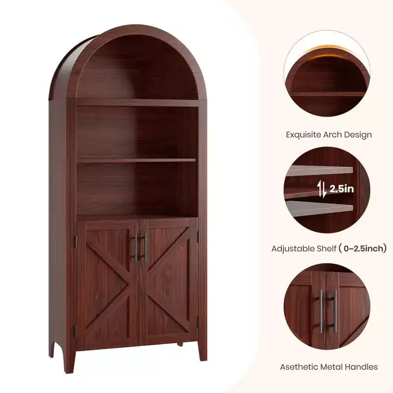 Arched Bookcase with Doors - 5-Tier Open Display Shelf, Modern Bookshelf Storage Cabinet for Home Office Living Room Library