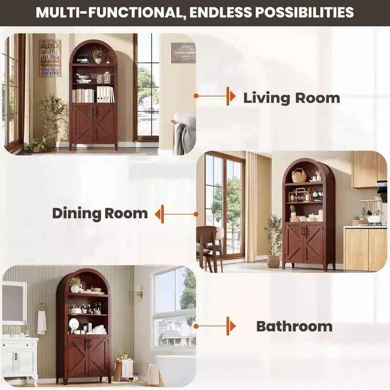 Arched Bookcase with Doors - 5-Tier Open Display Shelf, Modern Bookshelf Storage Cabinet for Home Office Living Room Library