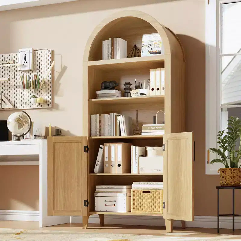 Arched Bookcase with Doors - 5-Tier Open Display Shelf, Modern Bookshelf Storage Cabinet for Home Office Living Room Library