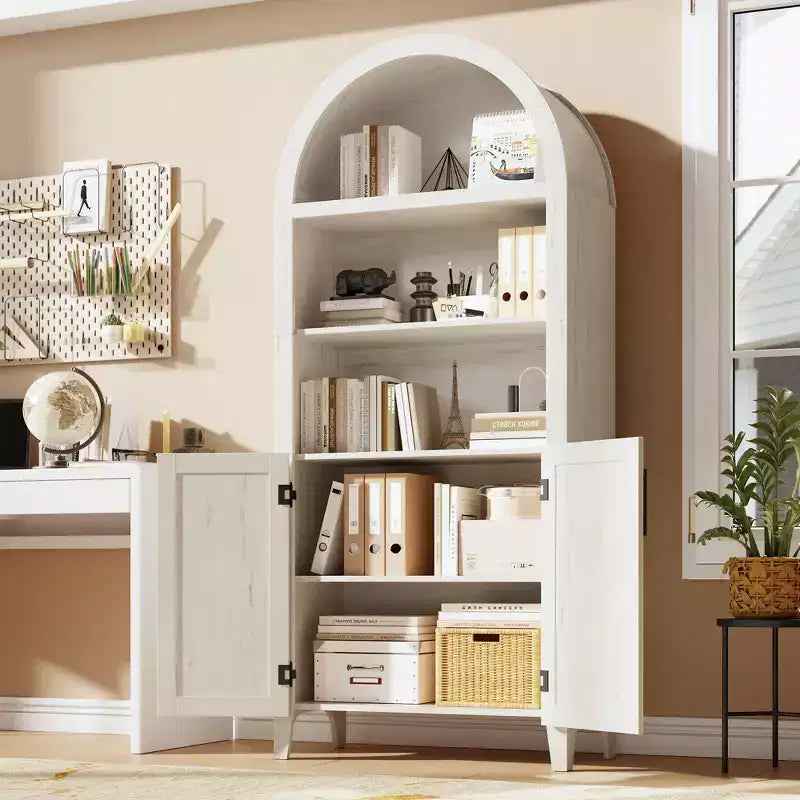 Arched Bookcase with Doors - 5-Tier Open Display Shelf, Modern Bookshelf Storage Cabinet for Home Office Living Room Library