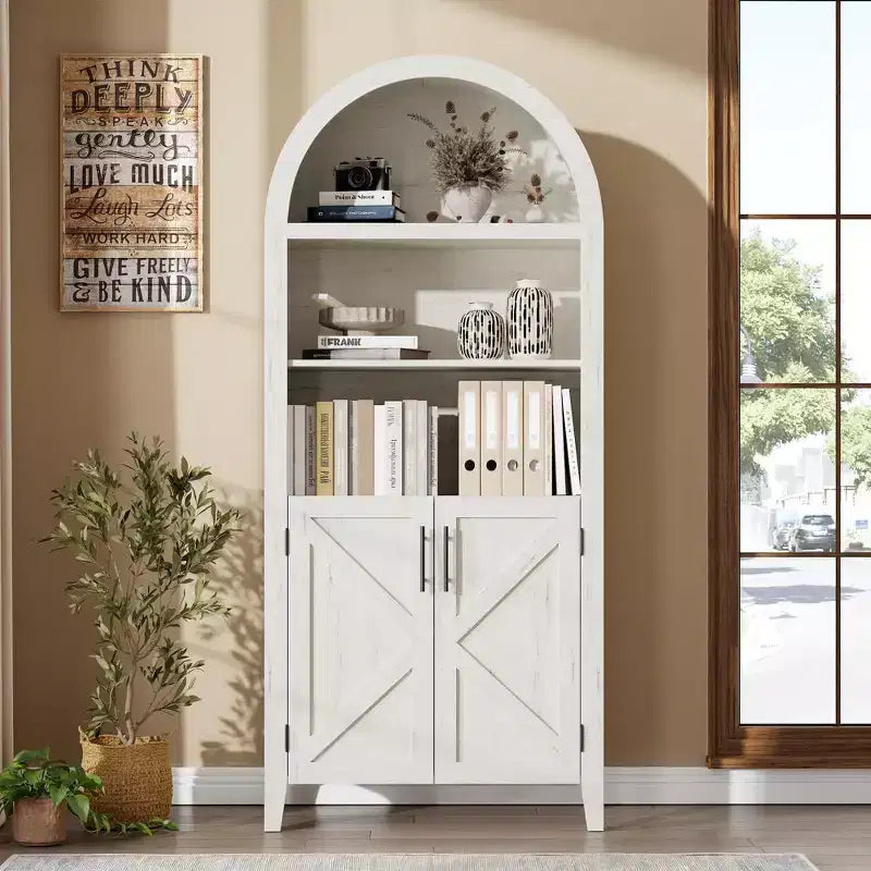 Arched Bookcase with Doors - 5-Tier Open Display Shelf, Modern Bookshelf Storage Cabinet for Home Office Living Room Library