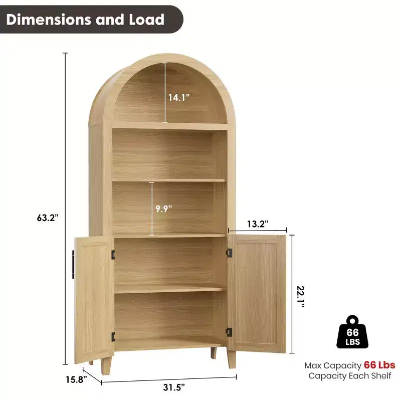 Arched Bookcase with Doors - 5-Tier Open Display Shelf, Modern Bookshelf Storage Cabinet for Home Office Living Room Library