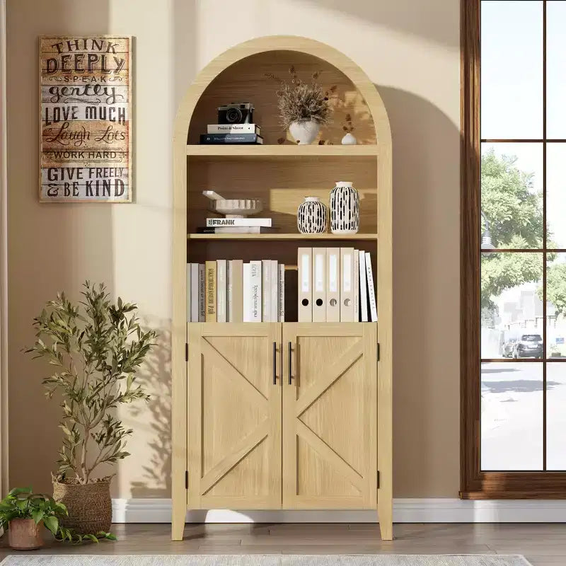 Arched Bookcase with Doors - 5-Tier Open Display Shelf, Modern Bookshelf Storage Cabinet for Home Office Living Room Library