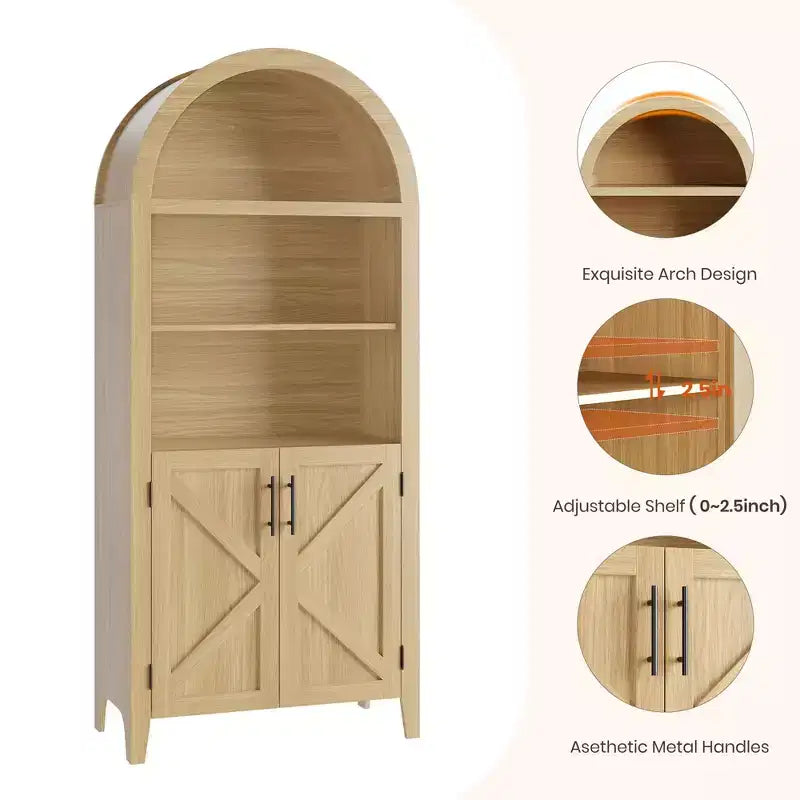 Arched Bookcase with Doors - 5-Tier Open Display Shelf, Modern Bookshelf Storage Cabinet for Home Office Living Room Library