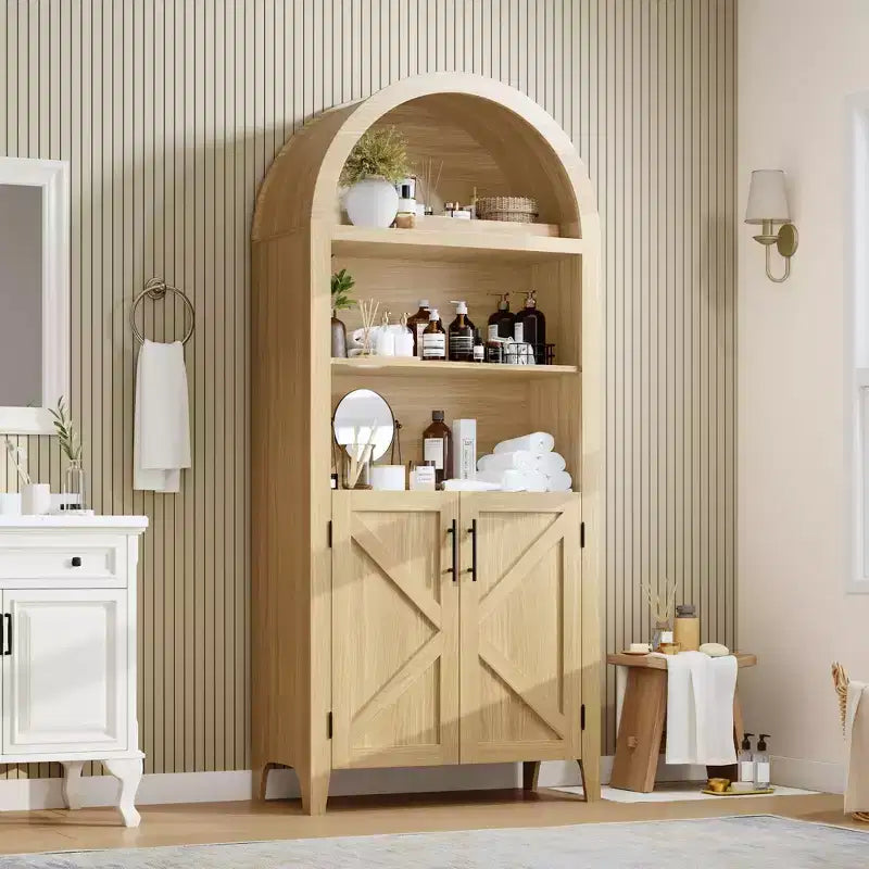 Arched Bookcase with Doors - 5-Tier Open Display Shelf, Modern Bookshelf Storage Cabinet for Home Office Living Room Library