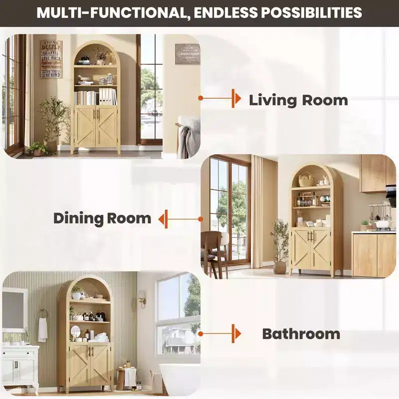 Arched Bookcase with Doors - 5-Tier Open Display Shelf, Modern Bookshelf Storage Cabinet for Home Office Living Room Library