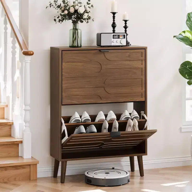 23.62-inch Mid-Century Modern Freestanding Shoe Cabinet, Railing Style with 2 Flip-Top Drawers, Ideal for Hallways and Entrances, Walnut