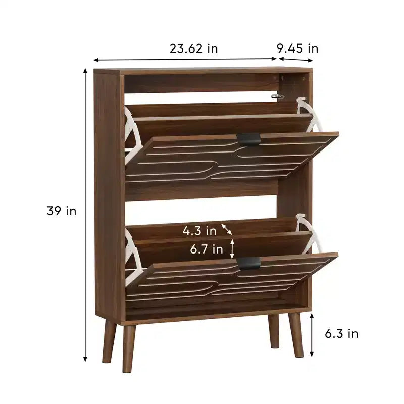 23.62-inch Mid-Century Modern Freestanding Shoe Cabinet, Railing Style with 2 Flip-Top Drawers, Ideal for Hallways and Entrances, Walnut
