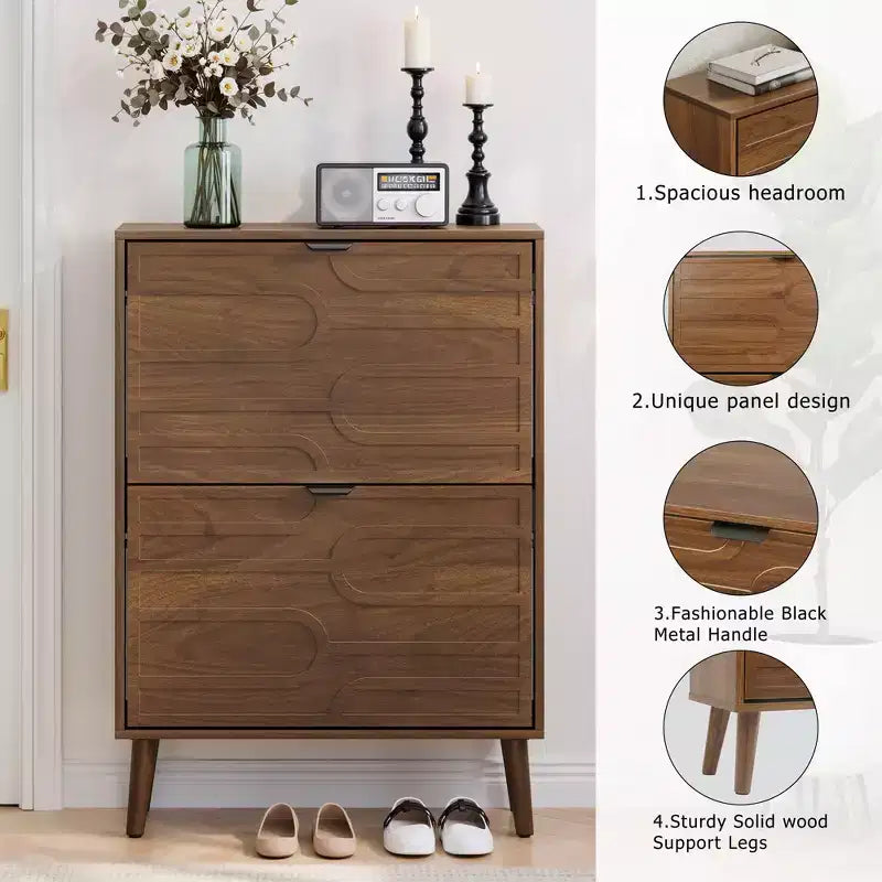 23.62-inch Mid-Century Modern Freestanding Shoe Cabinet, Railing Style with 2 Flip-Top Drawers, Ideal for Hallways and Entrances, Walnut