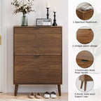23.62-inch Mid-Century Modern Freestanding Shoe Cabinet, Railing Style with 2 Flip-Top Drawers, Ideal for Hallways and Entrances, Walnut